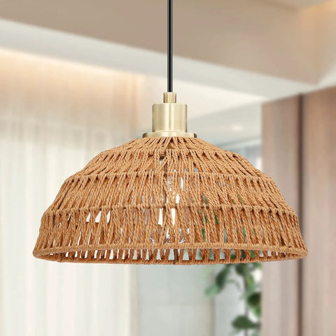 Two Pack Linen Cord Boho Pendant Lights With Hemp Rattan Wicker Brushed Brass Finish Ideal For Kitchen Island And Dining Room