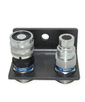 Front view of TL TopLine 1/2 in hydraulic quick-connect couplers on mounting bracket, flat-face, steel