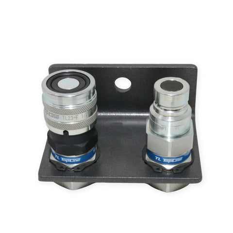Front view of TL TopLine 1/2 in hydraulic quick-connect couplers on mounting bracket, flat-face, steel