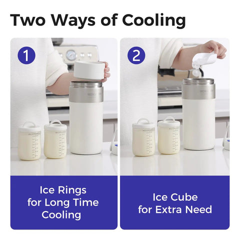 Keep Their Bottle Frosty On The Fly With This 22 Oz Portable Breast Milk Cooler For Work Commutes Featuring Heavy Duty Vacuum Insulation That Holds Cold All Day Long Without Breaking A Sweat Tsa Approved, showing ice rings and ice cube options.