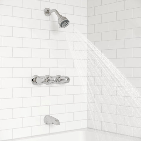 Three Handle Tub And Shower Faucet With Metal Verve Knob Handles In Polished Chrome For A Slick Bath Upgrade Includes 5 Hole Installation Valve And Cartridge Shower Arm And Flange CALGreen And CEC Water Saving