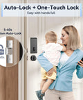 Woman holding baby using keyless entry door lock with handle set and WiFi app control fingerprint scanner electronic keypad deadbolt.
