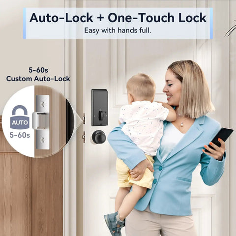 Woman holding baby using keyless entry door lock with handle set and WiFi app control fingerprint scanner electronic keypad deadbolt.