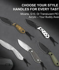 Various Buddy Fixed Blade Knife With 3 Inch D2 Steel Blade, Olive Green Micarta Handle options displayed on black background.