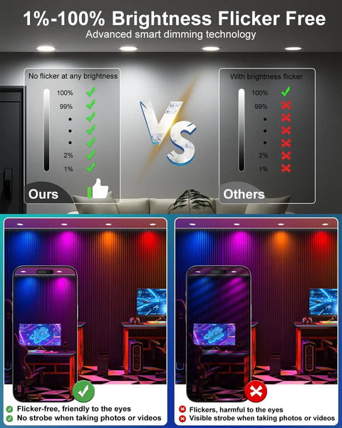 Comparison of 1%-100% brightness flicker-free smart dimming with Smart RGBCW Recessed Lighting Kit 4 Inch 12W LED Downlights