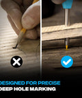 Split view showing hand using standard pencil on wood versus precision marking with Mechanical Carpenter Pencil Set Built Tough For Construction Pros With Belt Clip Sharpener And Holder Includes Four Refillable 2.8mm Leads For Woodworking And Framing Jobs.