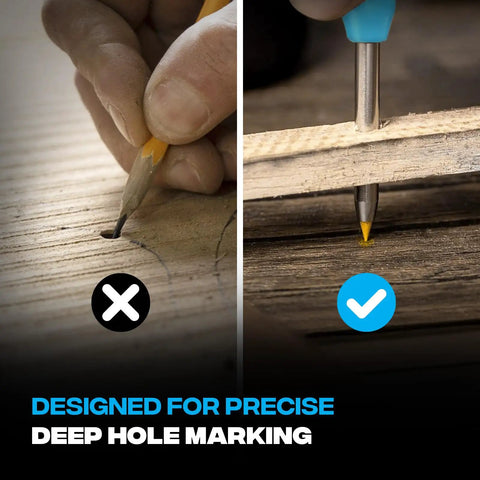 Split view showing hand using standard pencil on wood versus precision marking with Mechanical Carpenter Pencil Set Built Tough For Construction Pros With Belt Clip Sharpener And Holder Includes Four Refillable 2.8mm Leads For Woodworking And Framing Jobs.
