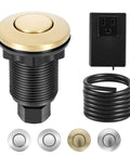 2.5 Inch Brushed Gold Stainless Steel Sink Top Air Switch Kit For Garbage Disposal On Off Button Fits 1.25 To 1.38 Inch Sink Holes Works With Most Disposals Under 2HP Durable Countertop Mount featuring switch, coiled tube, and outlet.