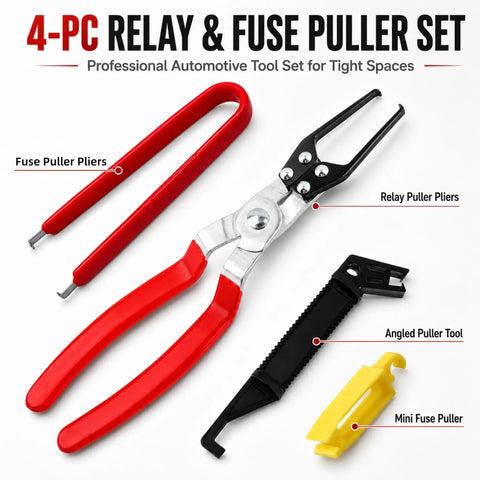 Four Piece Relay And Fuse Puller Set For Tight Spaces with relay and fuse pullers displayed on white background