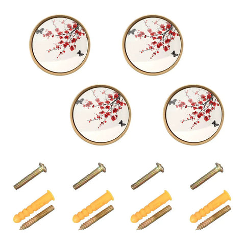 Total Flex For Your Cabinetry With This 4 Pack Of 32mm Golden Metal Drawer Knobs Featuring Asian Ink Red Plum Blossom Designs And Complete Screw Kits For Effortless Installation That Truly Slays.