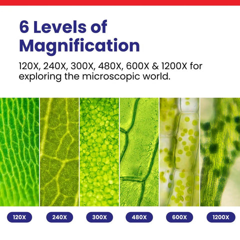 Microscopic view of slides at 6 magnification levels in M30 Series 52-Piece STEM Microscope Kit For Kids.