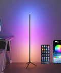 Smart RGB LED Floor Lamp with App and Remote Control, 49 Inch Corner Light, shown in gaming room setup