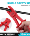 Close-up of a red DURATECH hose pinch clamp holding a black flexible hose, part of the 6 Piece Hose Clamp Set With Pinch Clamp Pliers For Flexible Hoses Fuel Gas Brake And Radiator Lines Three Sizes Small Medium Large Made From Heat Resistant Durable PA6 Nylon Non Conductive.