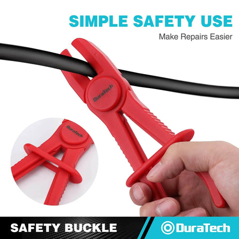 Close-up of a red DURATECH hose pinch clamp holding a black flexible hose, part of the 6 Piece Hose Clamp Set With Pinch Clamp Pliers For Flexible Hoses Fuel Gas Brake And Radiator Lines Three Sizes Small Medium Large Made From Heat Resistant Durable PA6 Nylon Non Conductive.