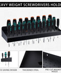 Beefy 32 Hole Screwdriver Organizer Wall Mount Rack Heavy Duty Metal Tool Holder for hammers, pliers, and screwdrivers.