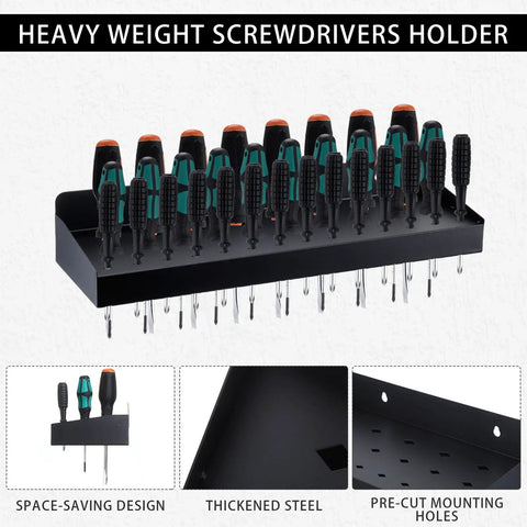 Beefy 32 Hole Screwdriver Organizer Wall Mount Rack Heavy Duty Metal Tool Holder for hammers, pliers, and screwdrivers.