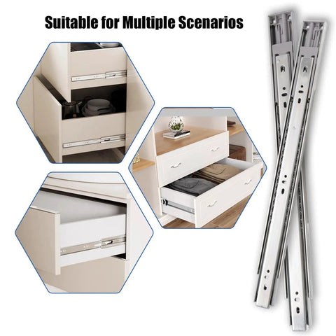 20 Inch Soft Close Drawer Slides Two Pairs Beefy Heavy Duty Side Bottom Mount Rails Ball Bearing Full Extension For Kitchen Cabinets And Dressers 100 Lbs Load Capacity, shown installed in a cabinet and separate