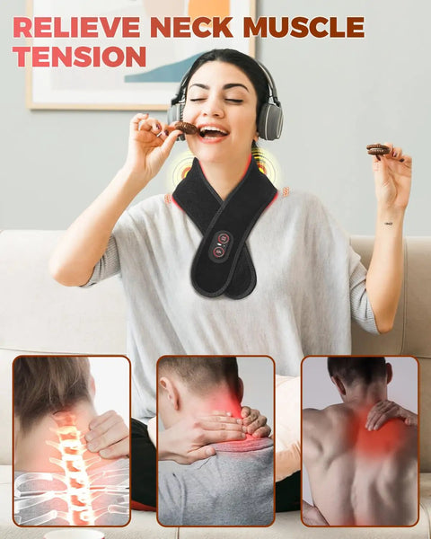Woman using Red Light Therapy Belt For Neck And Shoulders That Also Treats The Rest Of Your Body All Day Cordless Infrared Heating Pad