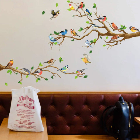 Hummingbird On Tree Branch Wall Sticker Set With Green Leaf And Flying Bird DIY Vinyl Wall Decal on cafe wall with birds
