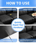 Premium Self Adhesive Leather Repair Patch For Couch And Sofa Easy Peel Vinyl Furniture Wrap No Sweat Scratch Rescue Tape Durable Upholstery Kit That Keeps Your Gear Looking Fresh As New steps for using the patch on a black leather sofa.