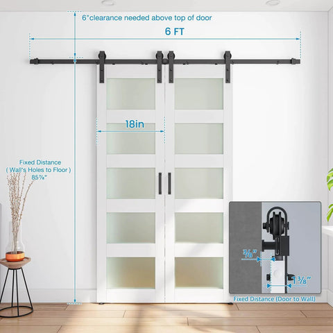 Double Glass Barn Door Set With 6 Ft Sliding Hardware Kit Included, Frosted 5 Panel Design, White Waterproof PVC Surface, 36 By 84 Inches, Assembly Required, Durable MDF Frame For Modern Interiors Built To Last.