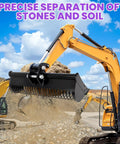 31 Inch Mini Excavator Bucket With Screen Slots For Efficient Trenching Debris Separation Fits Most Mini Excavators And Garden Tractors Durable Go To Construction And Garden Site Tool in use lifting soil and stones.