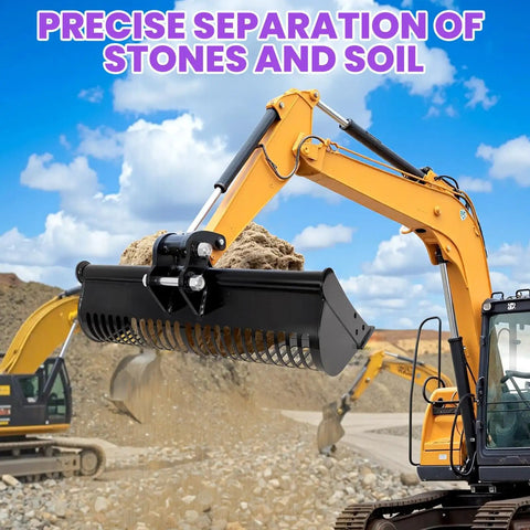 31 Inch Mini Excavator Bucket With Screen Slots For Efficient Trenching Debris Separation Fits Most Mini Excavators And Garden Tractors Durable Go To Construction And Garden Site Tool in use lifting soil and stones.