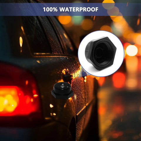 Antenna Mount Cap With Rubber Sealing Ring Rain Cover Dust Weather Shield 2 Pack on a car with raindrops at night