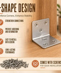200 Pack Stainless Steel L Shape Corner Brackets with screws shown in use for furniture stability and DIY home repair projects.