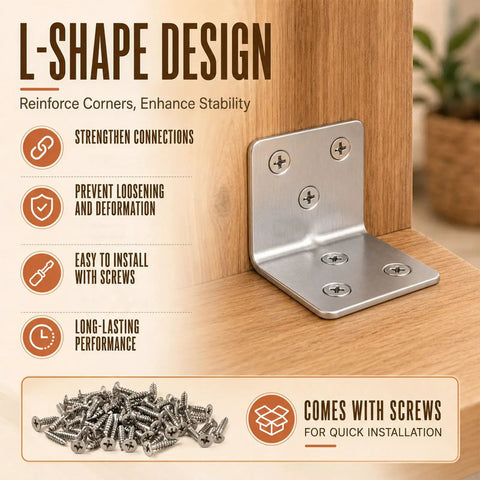 200 Pack Stainless Steel L Shape Corner Brackets with screws shown in use for furniture stability and DIY home repair projects.