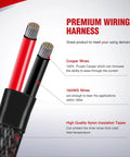 Close-up of 16 AWG Wiring Harness Kit with 1 lead; red and black copper wires with nylon insulation.