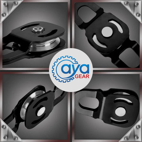 Beefy Snatch Block For Winch Recovery, 6 Ton Capacity, 13,000 Lbs Towing Pulley Block, Compact Offroad Accessory For Jeep, Truck, UTV, ATV, black steel snatch block shown from multiple angles