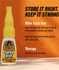 All Purpose Clear Super Glue With Brush And Precision Nozzle Fast Acting Bond For Glass Plastic Wood Metal Ceramic Rubber And Leather 12 Gram Pack For Quick Fixes bottle with storage instructions on orange background