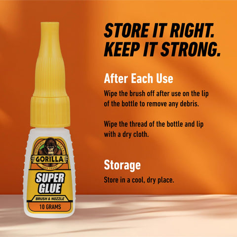 All Purpose Clear Super Glue With Brush And Precision Nozzle Fast Acting Bond For Glass Plastic Wood Metal Ceramic Rubber And Leather 12 Gram Pack For Quick Fixes bottle with storage instructions on orange background