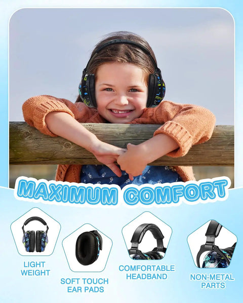 Kids Noise Canceling Ear Muffs For Autism Sensory Relief, ultra comfortable hearing protection worn by smiling child outdoors