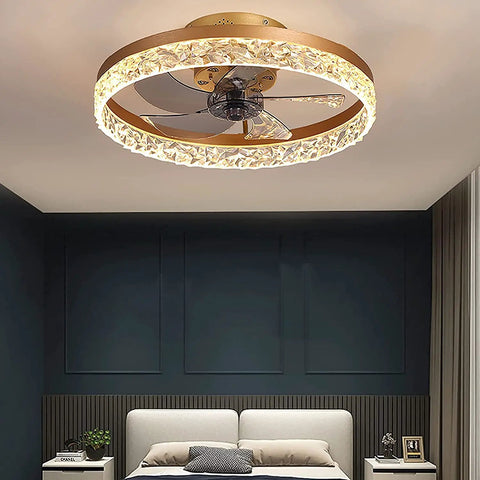 19.7 Inch Bladeless Ceiling Fan With Lights And Remote Dope Modern Enclosed Low Profile Design with Crystal Edge in Bedroom