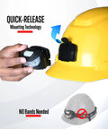 Rechargeable Hard Hat Light Headlamp With Direct Mount Quick Release Hands Free Pro Grade Work Light shown mounting on helmet