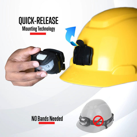 Rechargeable Hard Hat Light Headlamp With Direct Mount Quick Release Hands Free Pro Grade Work Light shown mounting on helmet