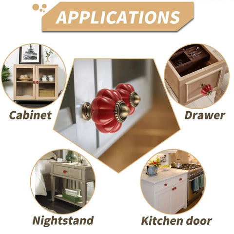 Six Pack Dark Red Ceramic Pumpkin Cabinet Knobs With Mounting Hardware used on various furniture applications like cabinets and drawers.