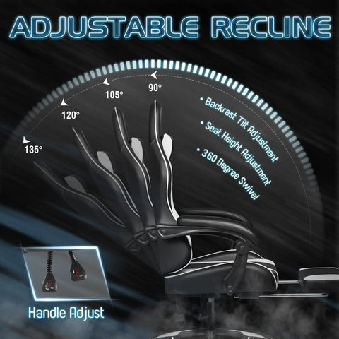 Adjustable recline features of a Gaming Chair With Footrest And Massage Lumbar Support, Ergonomic Computer Chair, white finish.