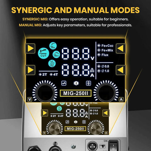 Control panel of Six In One MIG Welder And Plasma Cutter 160A Gas MIG Flux Core Lift TIG Stick Cutter with settings display.