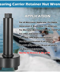 Bearing Carrier Retainer Nut Wrench Tool For Mercruiser Outdrives with application guide displayed next to a speedboat