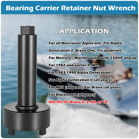 Bearing Carrier Retainer Nut Wrench Tool For Mercruiser Outdrives with application guide displayed next to a speedboat