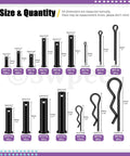 Diagram showing the 100 Piece Clevis Pin And Cotter Pin Kit With 10 Sizes Flat Head Pins R Pins Hairpins And Split Pins