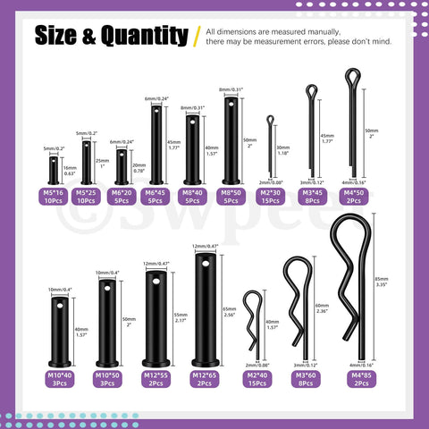 Diagram showing the 100 Piece Clevis Pin And Cotter Pin Kit With 10 Sizes Flat Head Pins R Pins Hairpins And Split Pins