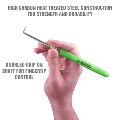 Hand holding tool from Four Piece Hook And Pick Set With Green Handles For Precision Projects And O Ring Picks
