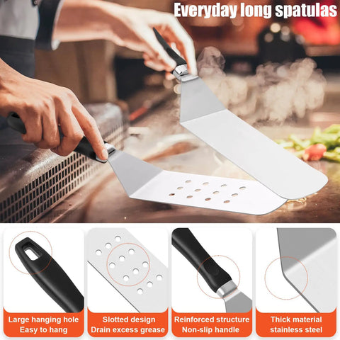 42 Piece Flat Top Griddle Accessories Kit With Extra Wide Burger Spatula in use, featuring stainless steel spatulas on grill.