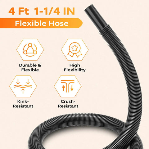 Flexible One And A Quarter Inch Diameter Four Foot Vacuum Hose Replacement For Wet And Dry Vacuums, Tough Vinyl Build, Easy Snap Fit