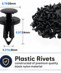 Rock Solid Hella Tough 100PCS UTV ATV Fender Clips Push Pin Body Fastener Rivets Universal 8MM Heavy Duty Nylon Replacement Kit with dimensions.