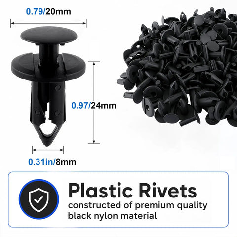 Rock Solid Hella Tough 100PCS UTV ATV Fender Clips Push Pin Body Fastener Rivets Universal 8MM Heavy Duty Nylon Replacement Kit with dimensions.